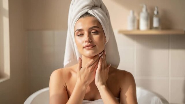 Serene woman with towel wrapped around head enjoying soft natural light and peaceful moment indoors