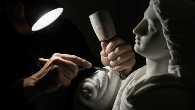 Sculptor's hands carving a marble bust with a chisel and mallet.