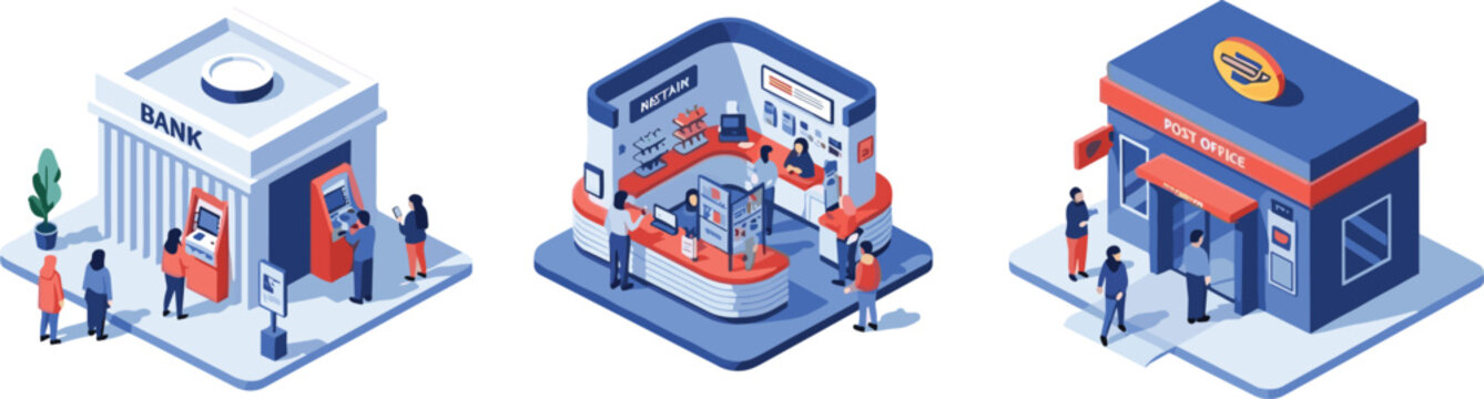 Isometric bank internet service center and post office illustration with people customer service buildings vector collection