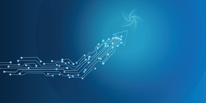 Futuristic blue technology background with glowing circuit lines forming rising arrow, digital innovation and business growth concept banner with copy space