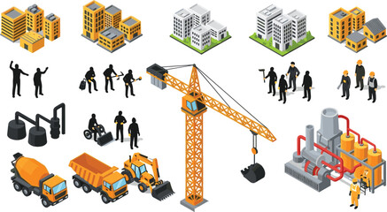Isometric construction and urban development vector set with buildings, crane, workers and heavy machinery © Sumon Creative