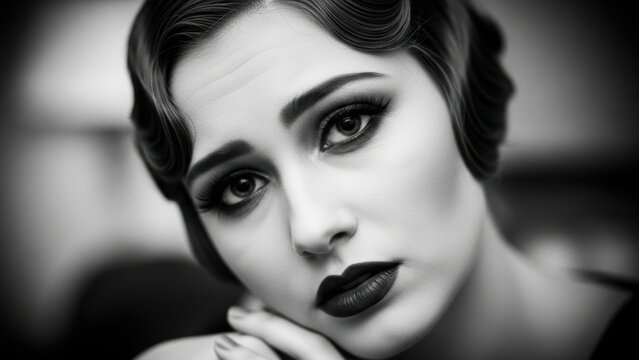 Melancholic black and white portrait of a woman in 1920s flapper style.