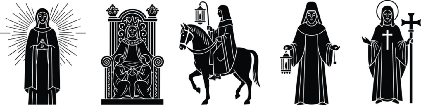 Medieval religious figures silhouettes saint monk cross lantern throne rider faith devotion spirituality authority holiness worship tradition history culture
