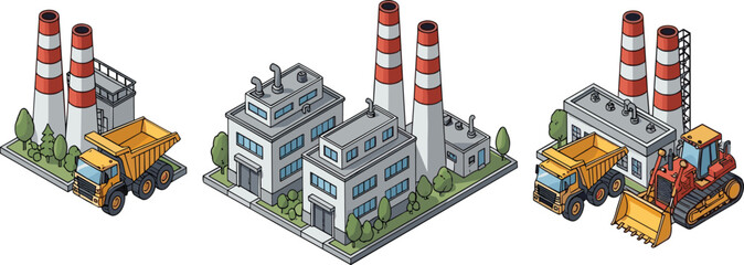 Isometric industrial factory illustration with power plant buildings smokestacks dump truck and heavy machinery vector collection © Sumon Creative
