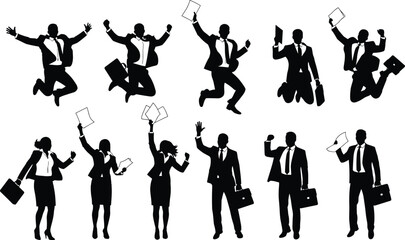 Obraz premium Business professional icons set, teamwork success, corporate achievement, office celebration, formal attire silhouettes, career growth illustration design