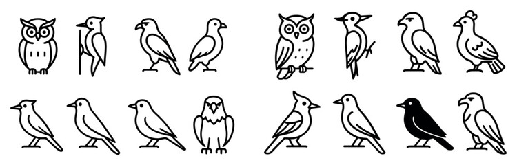 Fototapeta premium Bird icons with owl woodpecker pigeon outline