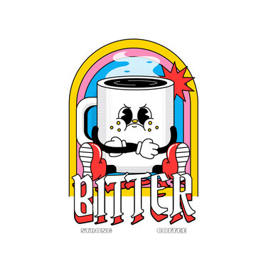 Retro cartoon coffee mug character with grumpy face, vintage mascot in rubber hose style vector illustration