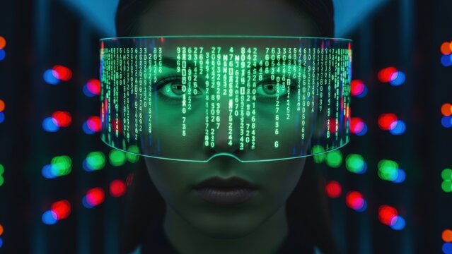 A woman wearing a futuristic visor displaying green cascading code, in a server room.