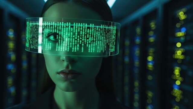 Woman with a futuristic visor showing green code in a dark data center.