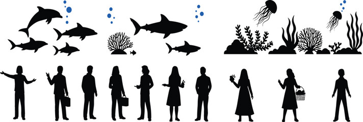Marine life and people silhouettes vector set with sharks, coral reef, jellyfish and human figures © Sumon Creative