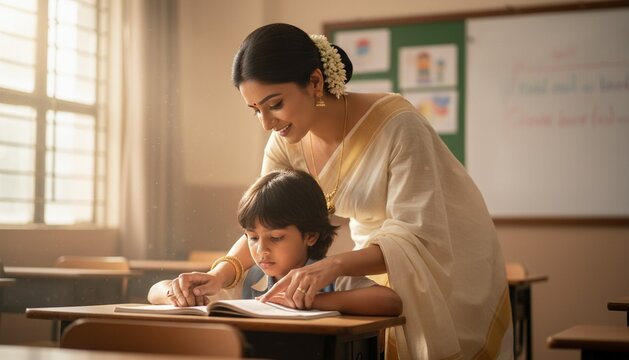 Indian female teacher helping a young boy student with reading in classroom