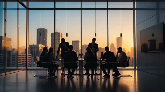 Diverse group of professionals collaborating in a strategic business meeting in a modern high rise office