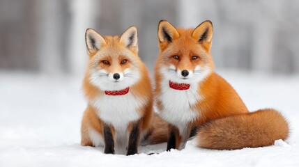 Fototapeta premium Pair of Foxes Sitting Side by Side on Snow-Covered Ground in Winter
