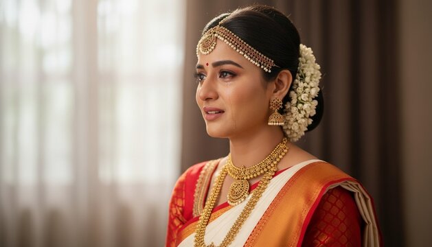 Emotional indian bride in traditional saree and gold jewelry