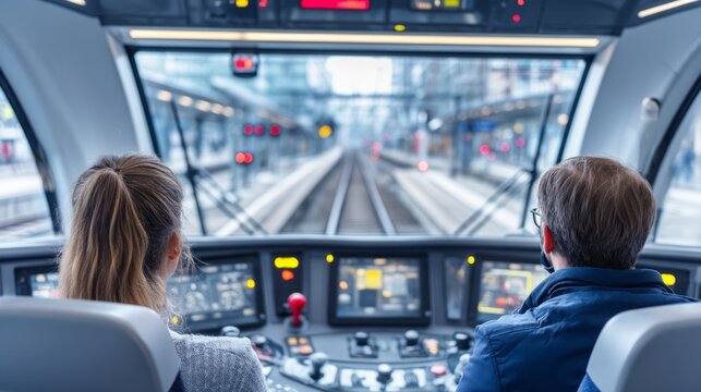 Two People Seated in Train Operator Cabin Looking Forward at Railway Tracks