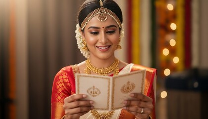 Fototapeta premium Beautiful indian woman in traditional attire reading a wedding invitation