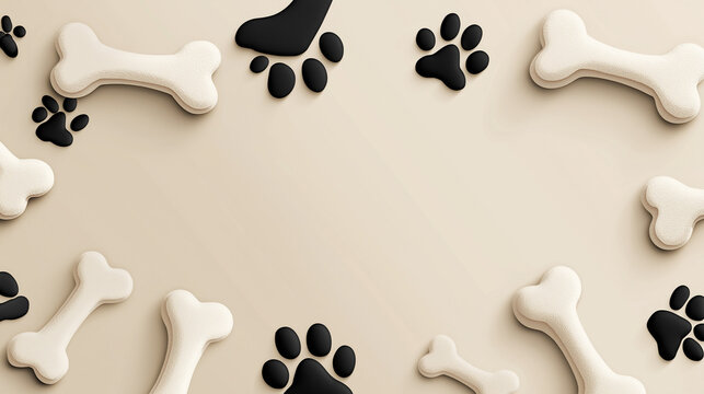 A playful and charming frame of white dog bones and black paw prints scattered around a light beige background.