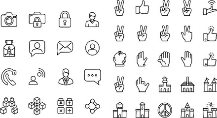 Obraz premium Outline icon set vector illustration with communication, gestures, security and architecture symbols