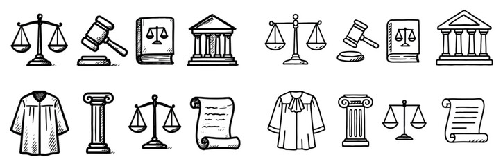 Obraz premium Law icons with gavel scale courthouse outline