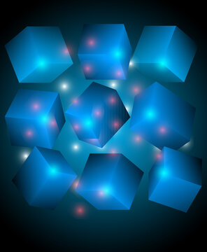 Abstract 3D Blue Glowing Cubes Pattern with Light Flares  Futuristic Geometric Background Representing Digital Data Blocks Virtual Reality and Technology Innovation.