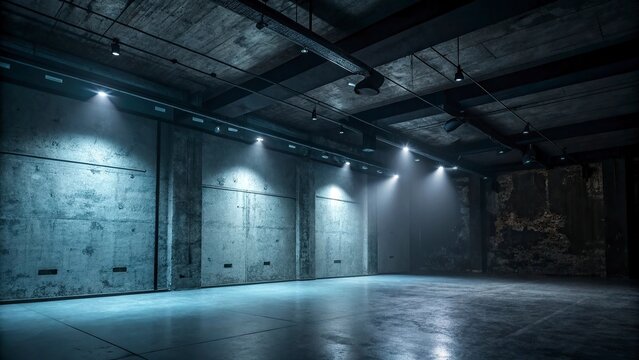 Abandoned industrial warehouse interior, dimly lit concrete space, empty factory room, dark grunge aesthetic