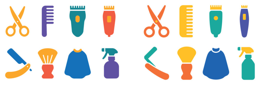 Grooming icons with scissors clippers comb flat