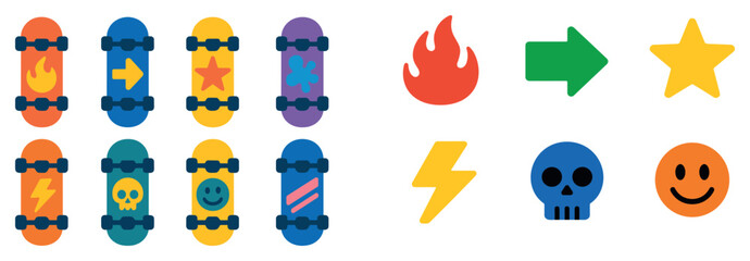 Fototapeta premium Recreation icons with skateboard flame smiley colorful