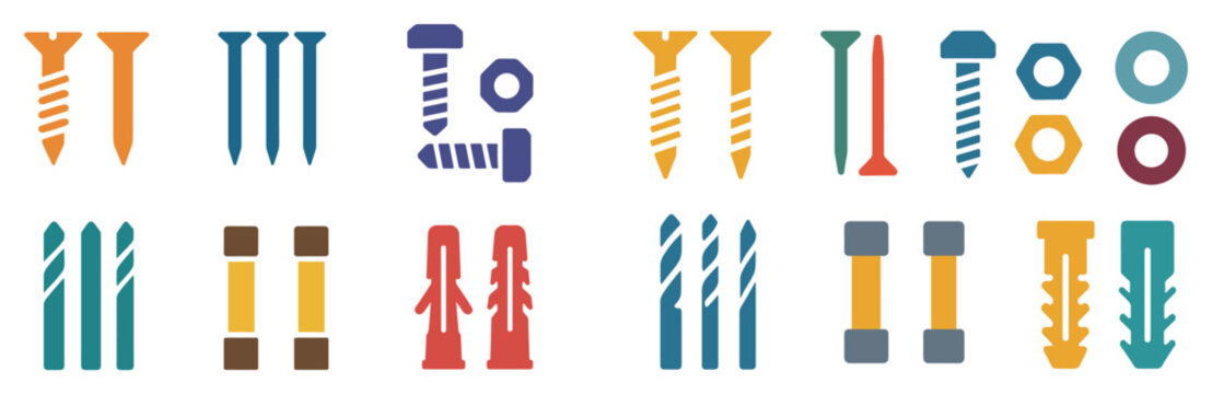 Hardware icons with screws bolts anchors flat colorful
