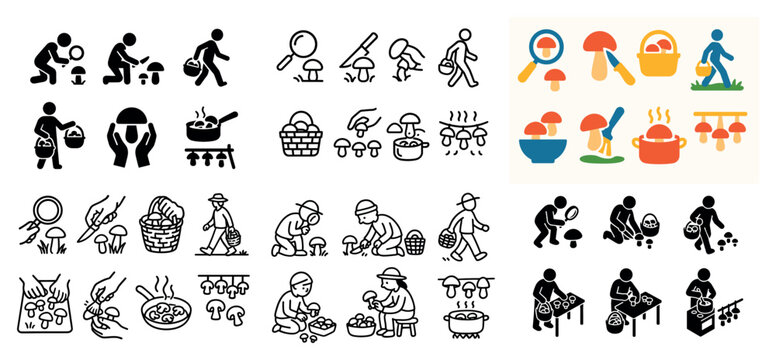 Mushroom foraging icons and illustrations