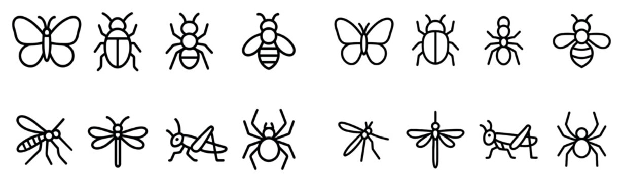 Insect icons with butterfly bee ant outline