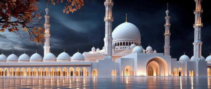 Sheikh Zayed Grand Mosque exterior at night, reflecting its white domes and golden arches in the water, celebrating Islamic traditions and new beginnings