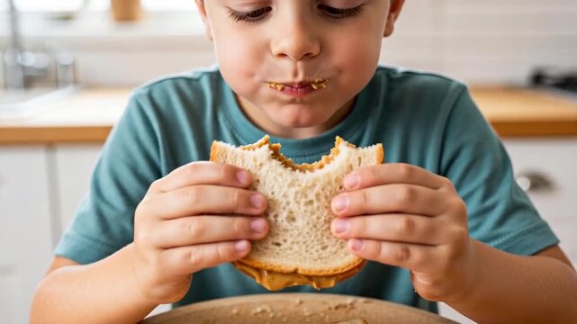 Young boy eating peanut butter sandwich at kitchen table  
