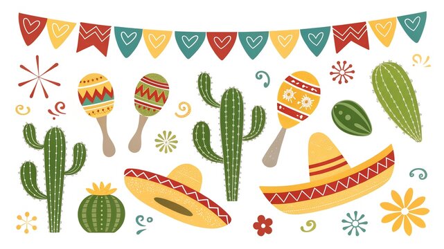 Mexican fiesta decoration elements with cacti and sombrero decoration celebration traditional vacation greeting background illustration colorful sombrero ornament festival