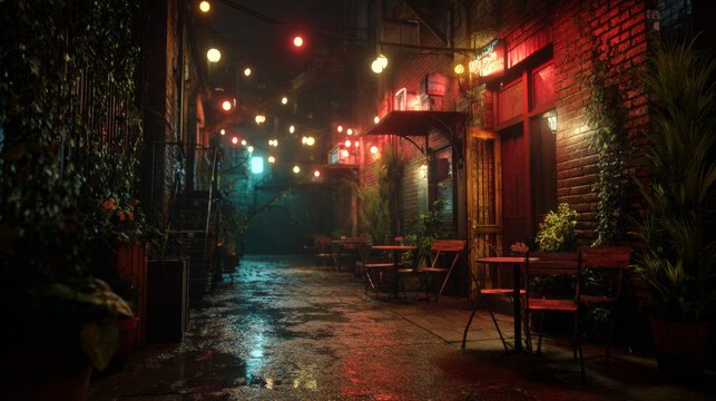 Rain-soaked alley illuminated by soft jazz bar lights. 