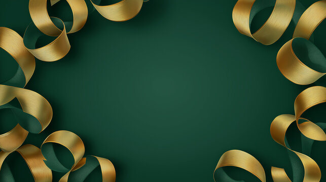 Vibrant dark green background adorned with swirling, golden ribbons gracefully arranged in all four corners.
