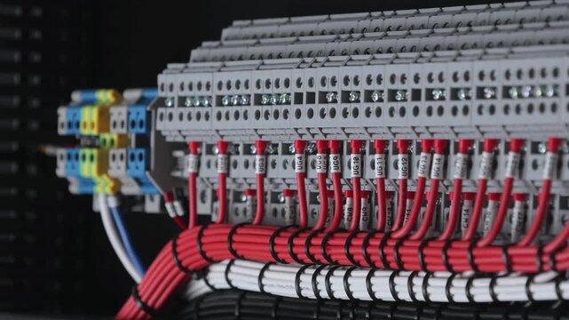 Electrical terminals with connected insulated copper wires with metal lugs. Marking with a thermal printer. 
