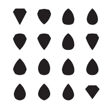 Collection of abstract geometric shapes and teardrop forms in black silhouette on white background