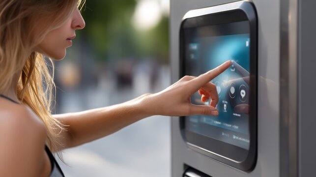 User Interacting with Touchscreen Ticket Machine in Outdoor Setting