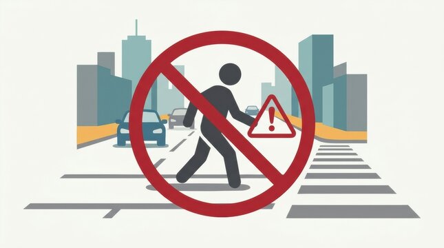 Warning Sign for Jaywalking With an Urban Background Highlighting Pedestrian and Cyclist Safety in a City Setting