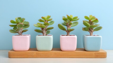 Fototapeta premium Four small succulent plants arranged in pastel colored square containers resting on a wooden tray
