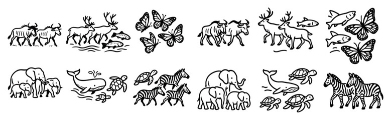 Fototapeta premium Wildlife icons with elephant zebra butterfly outline