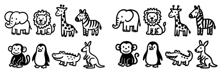 Fototapeta premium Animals icons with elephant giraffe lion minimal