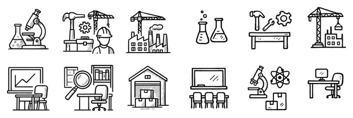 Fototapeta premium Industrial lab icons with microscope crane factory outline