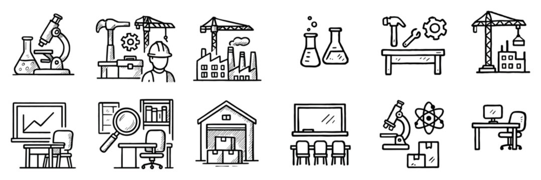 Industrial lab icons with microscope crane factory outline