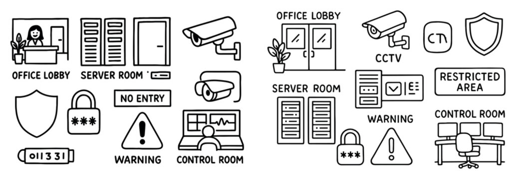 Security icons with camera server and shield outline