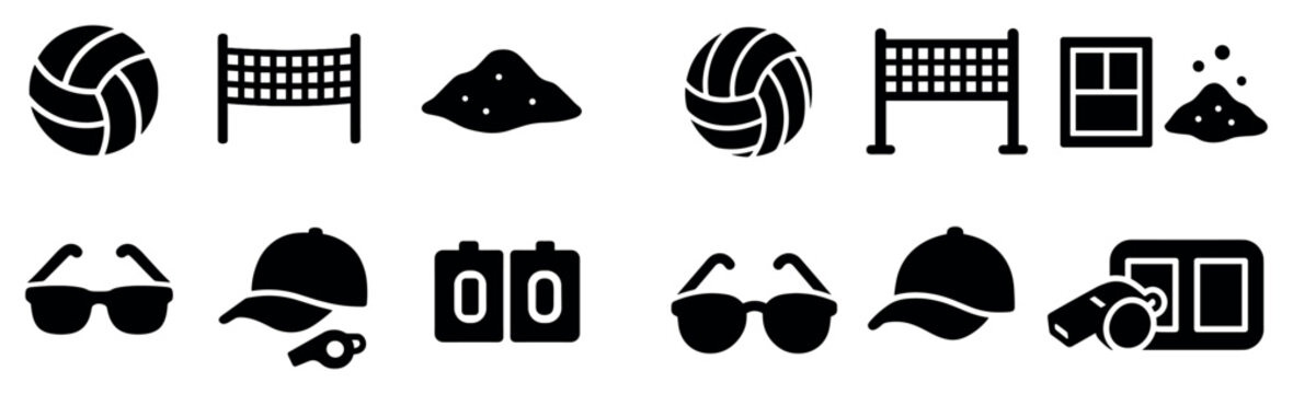 Beach volleyball icons with ball net cap flat