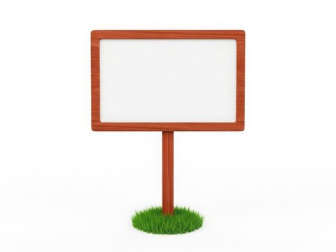 A tall red signpost with a blank white signboard standing on a patch of green grass