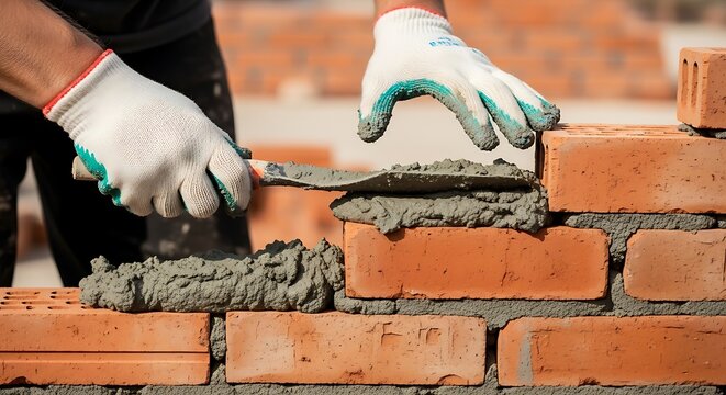 Mason applying mortar to bricks with trowel