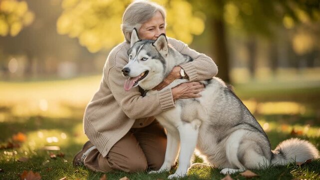 Elderly woman lovingly embraces her happy husky dog in a sunlit autumn park