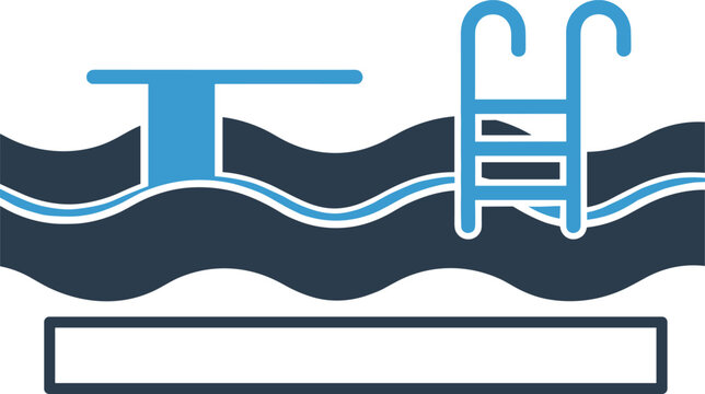 Swimming pool with diving board and ladder in blue and black colors on transparent background.